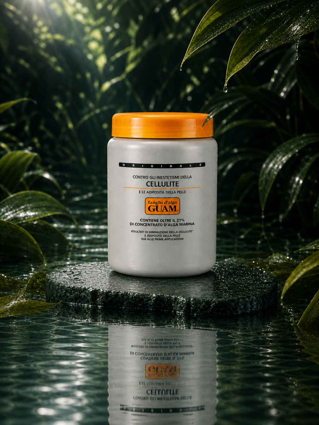 GUAM CLASSIC MUD in a wet botanical setting — reflective view