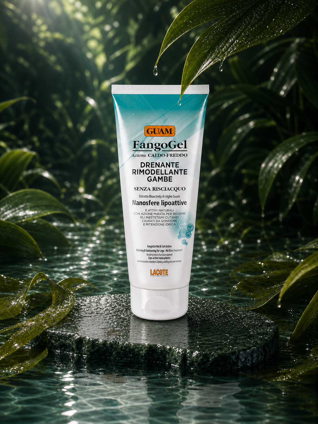 GUAM DRAINING & CONTOURING LEG GEL in a wet botanical setting — hero view