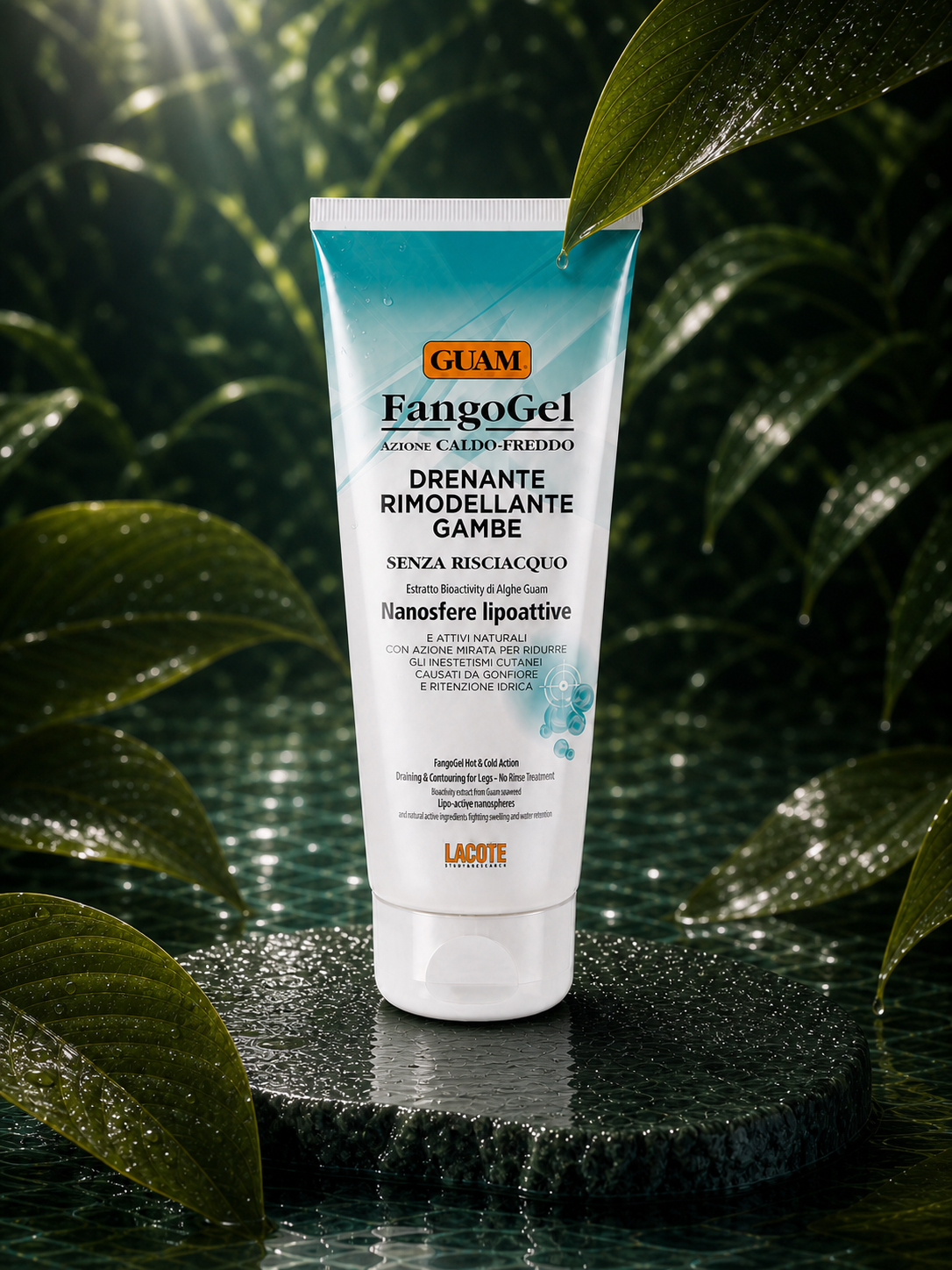 GUAM DRAINING & CONTOURING LEG GEL in a wet botanical setting — close view
