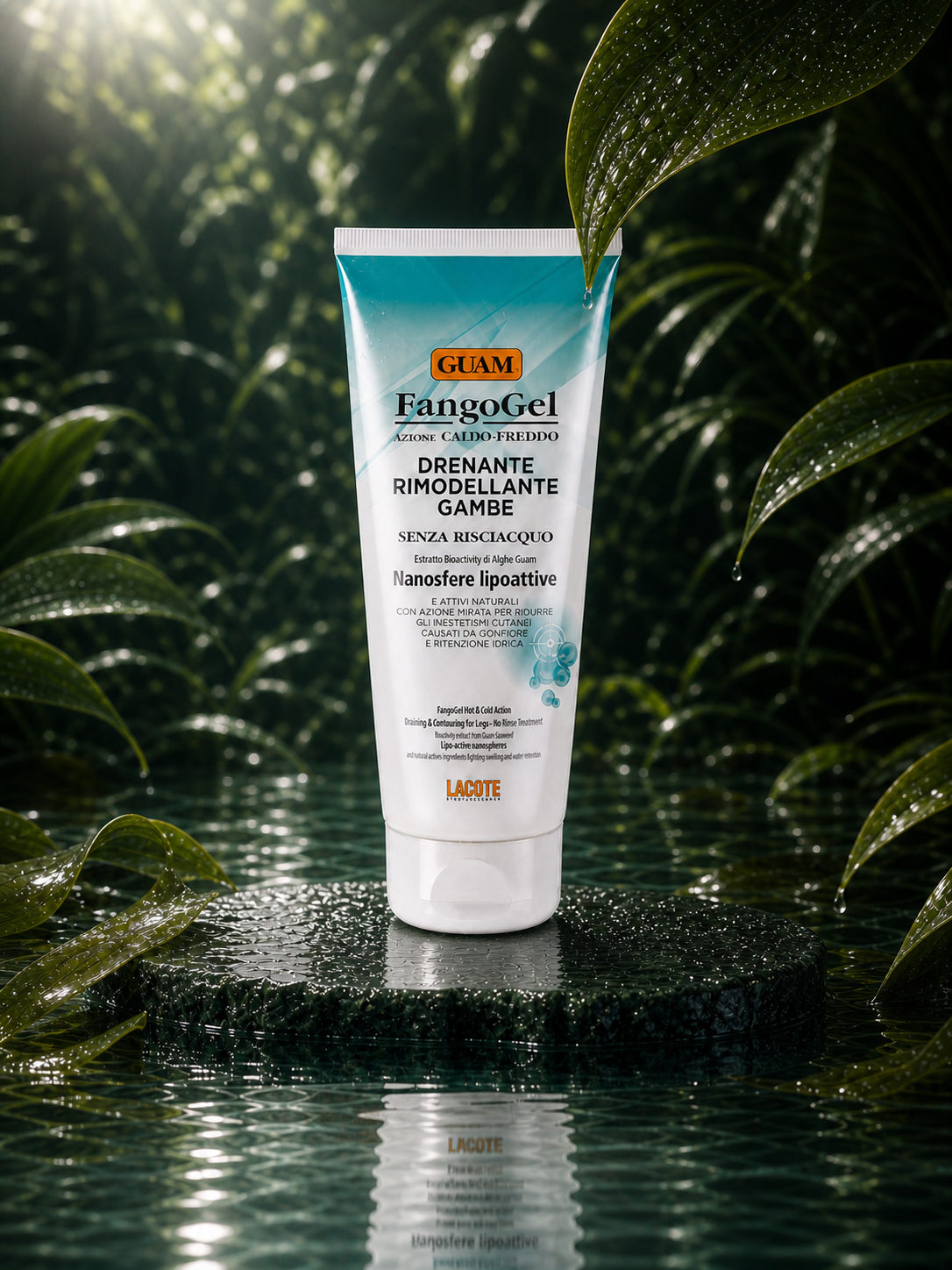 GUAM DRAINING & CONTOURING LEG GEL in a wet botanical setting — reflective view