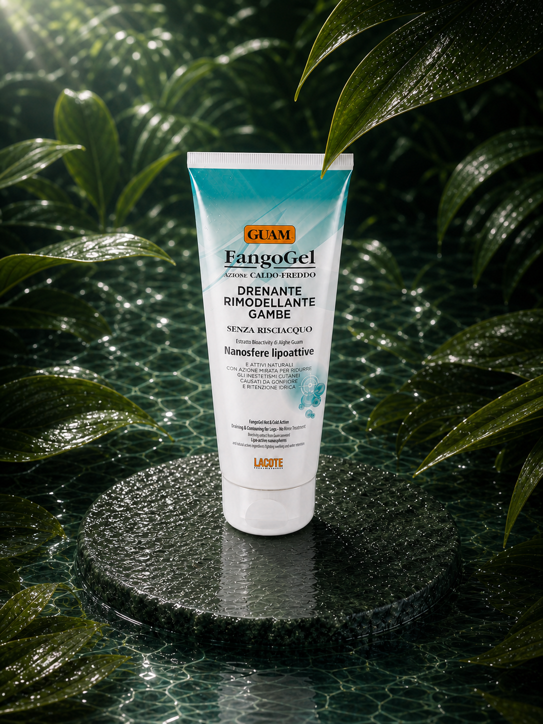 GUAM DRAINING & CONTOURING LEG GEL in a wet botanical setting — elevated view