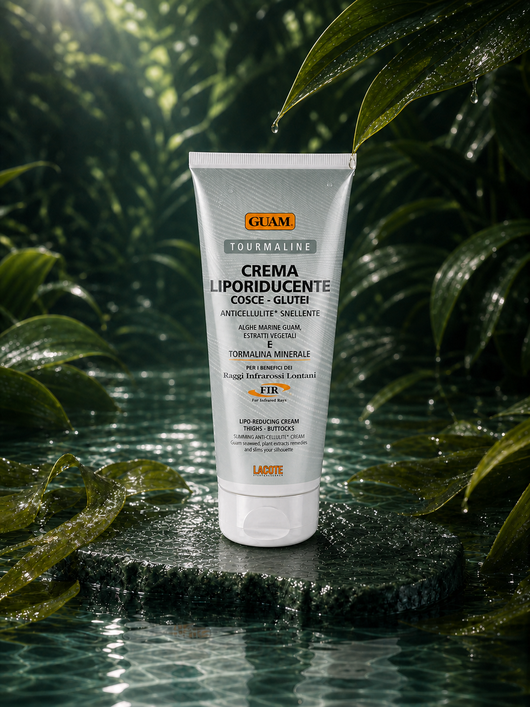 GUAM LIPO-REDUCING CREAM FOR THIGHS & BUTTOCKS in a wet botanical setting — hero view