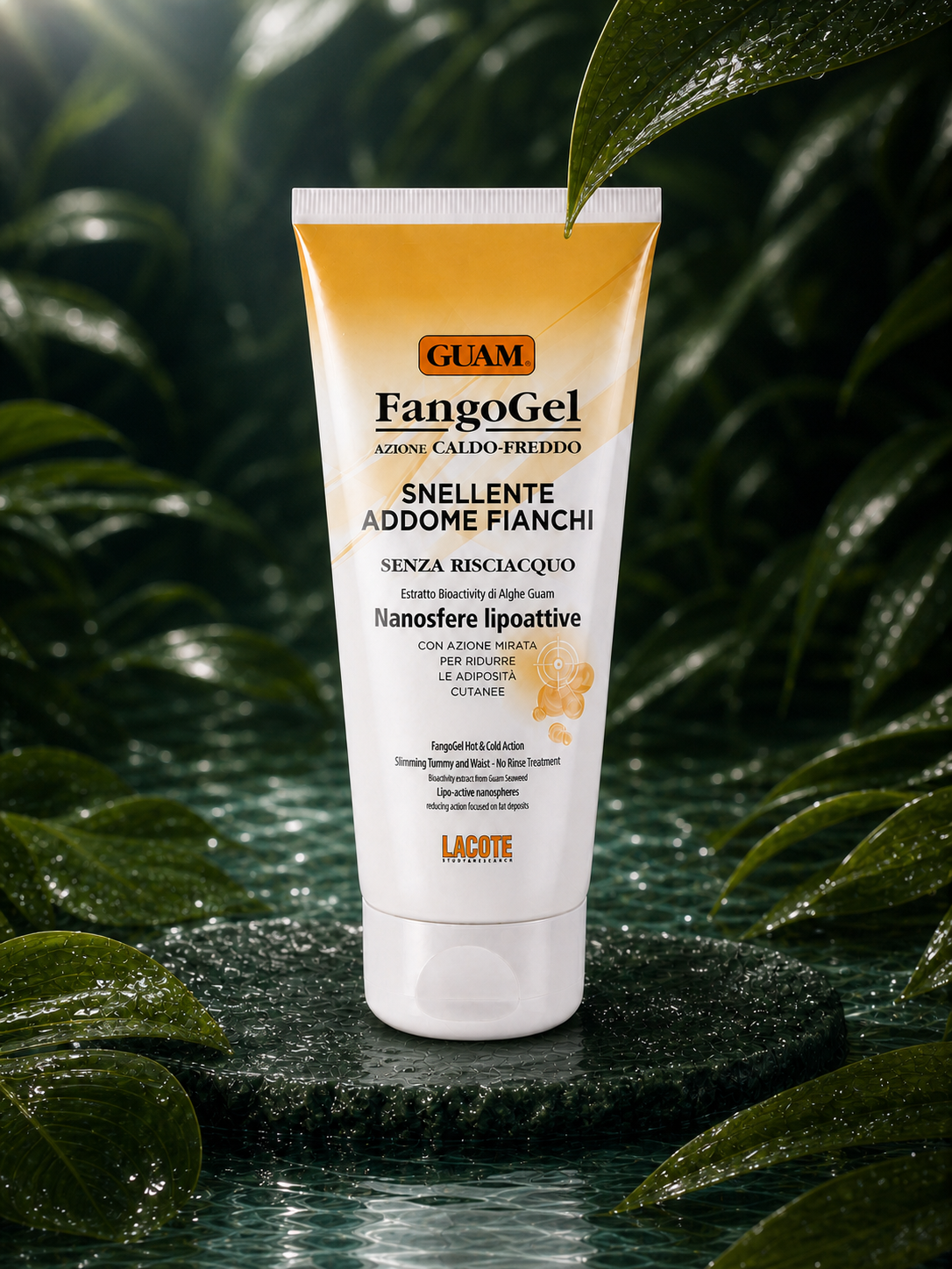 GUAM SLIMMING TUMMY & WAIST GEL in a wet botanical setting — close view