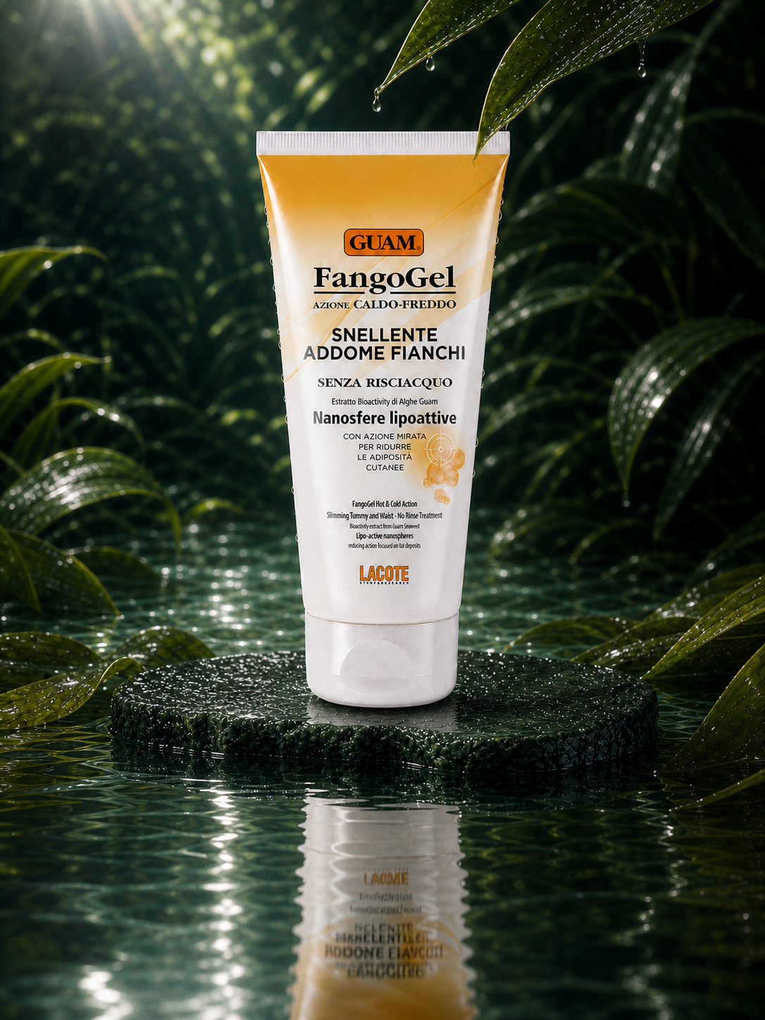 GUAM SLIMMING TUMMY & WAIST GEL in a wet botanical setting — reflective view