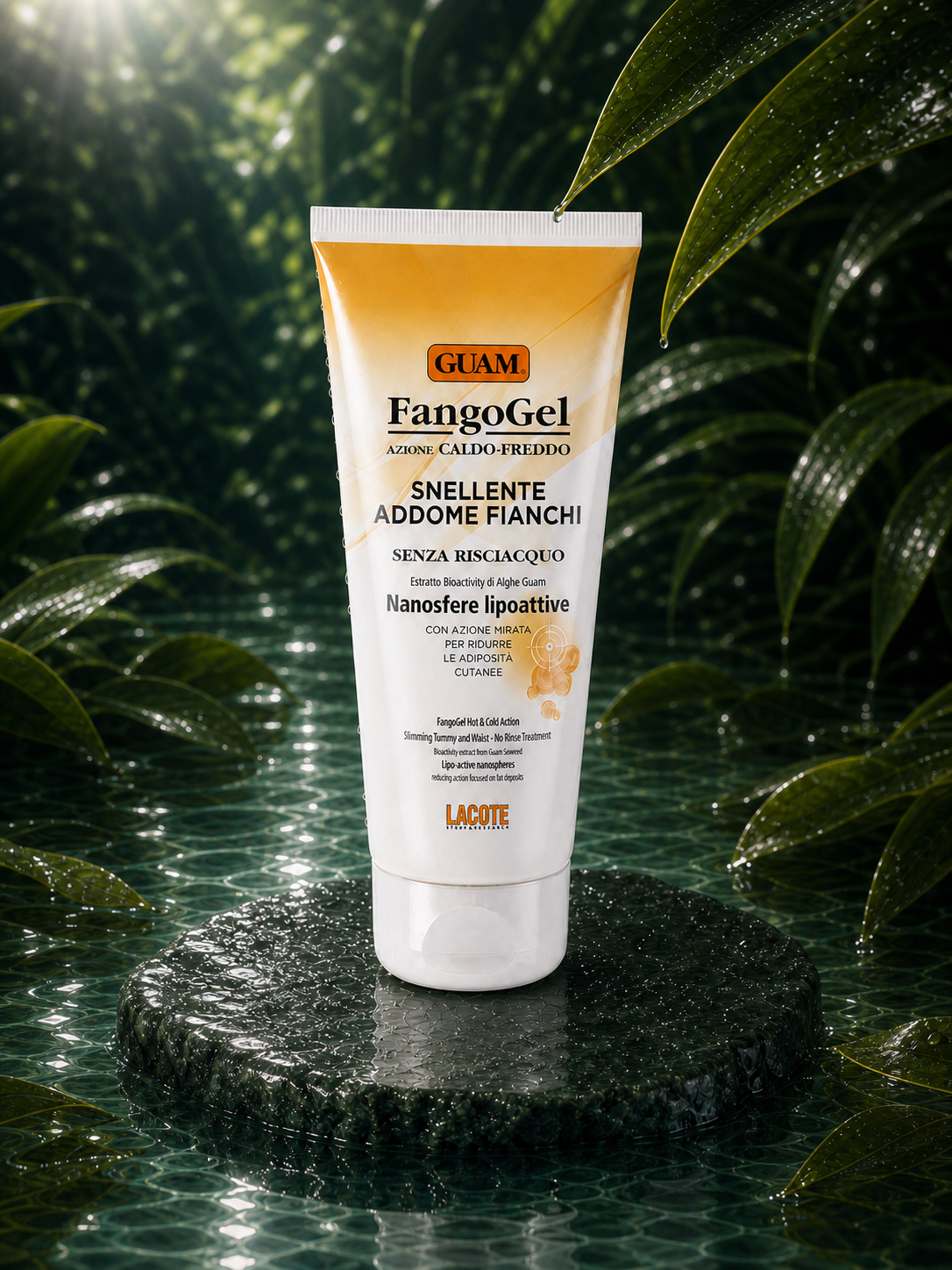 GUAM SLIMMING TUMMY & WAIST GEL in a wet botanical setting — elevated view