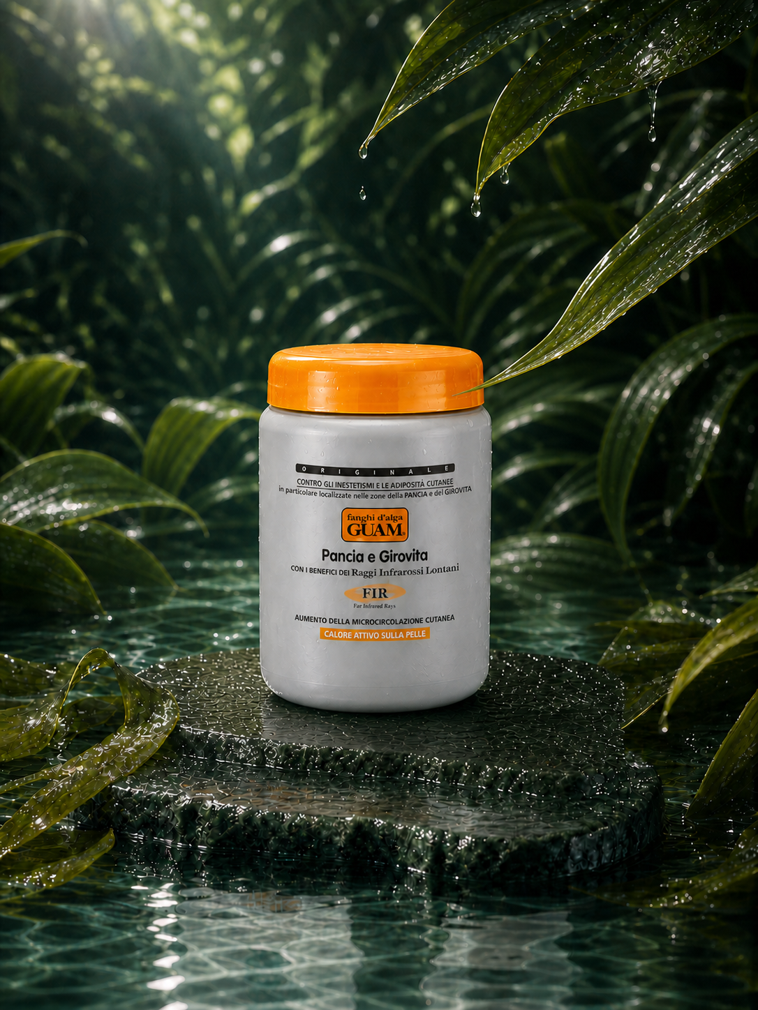 GUAM TUMMY & WAIST FAR INFRARED MUD in a wet botanical setting — hero view