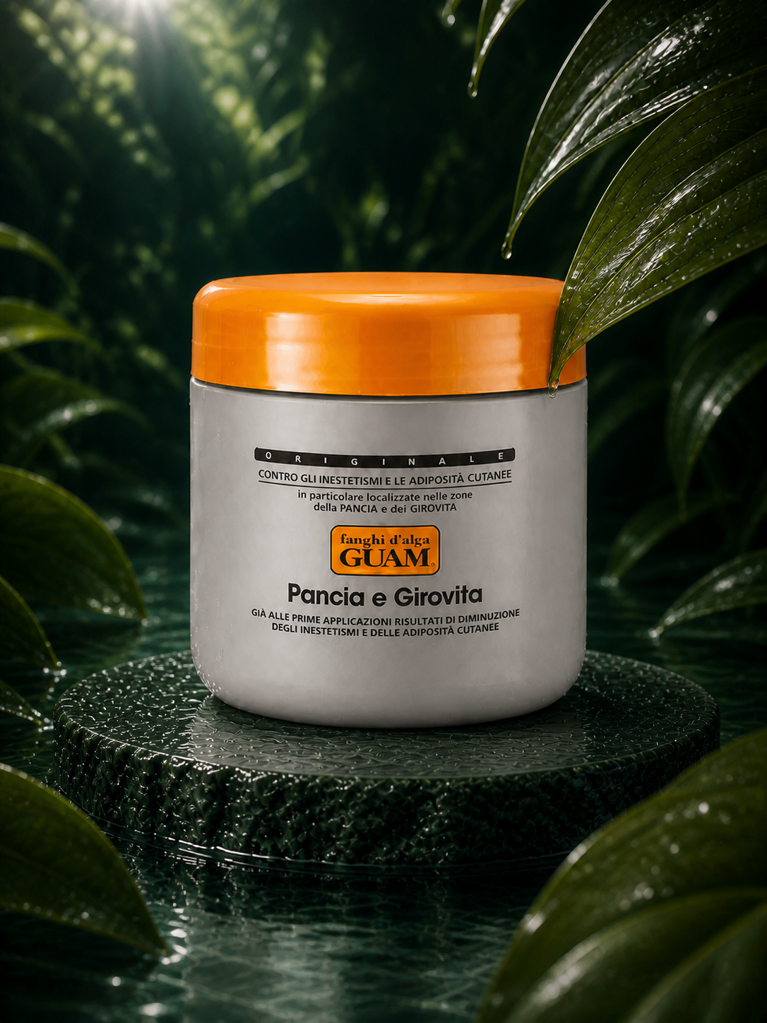 GUAM TUMMY & WAIST MUD in a wet botanical setting — close view
