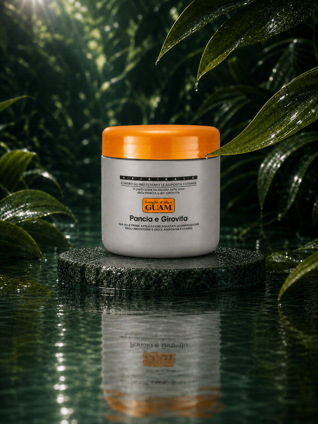 GUAM TUMMY & WAIST MUD in a wet botanical setting — reflective view